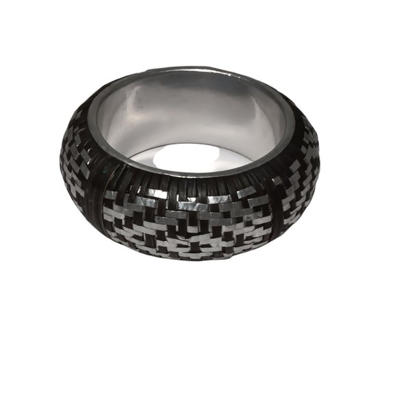 Rounded Bangle Bracelet Black Rattan and Aluminum Metal Weave 2" Wide - Picture 3 of 7